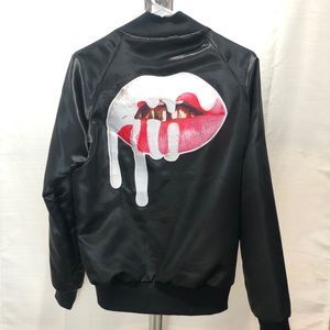 Kylie Jenner lips satin black bomber jacket
